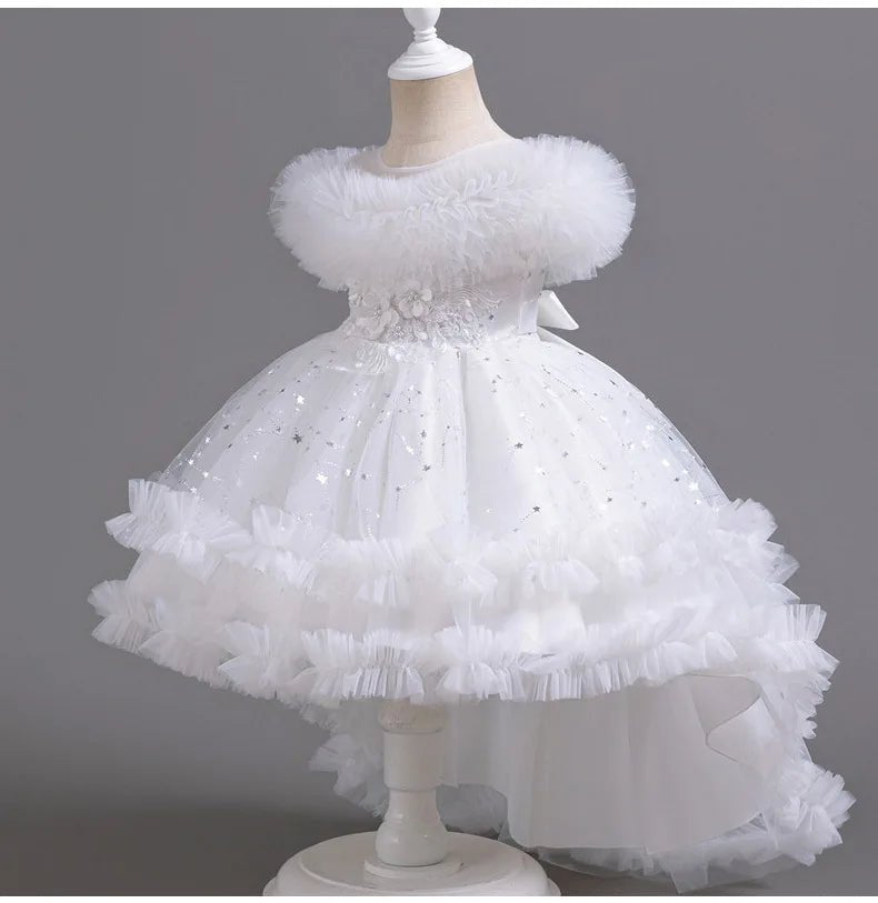 Flower girl wedding party ball tailed Print Dress Girl Birthday party high collar dress girl Dinner Dress - PratSN