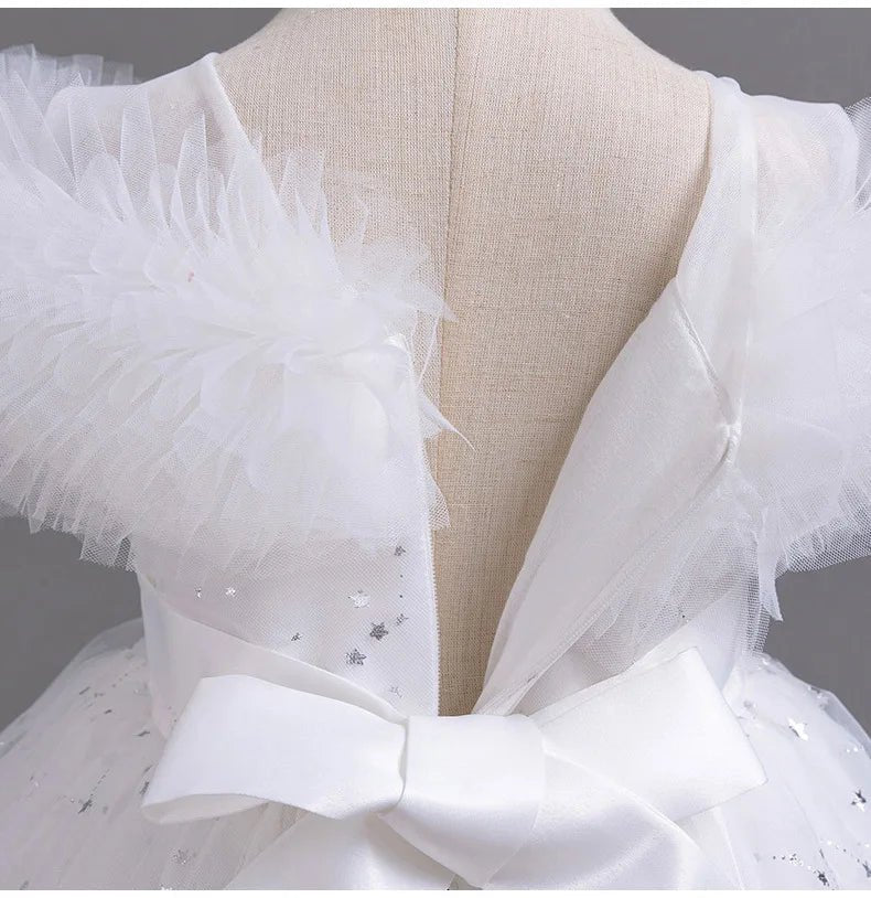 Flower girl wedding party ball tailed Print Dress Girl Birthday party high collar dress girl Dinner Dress - PratSN