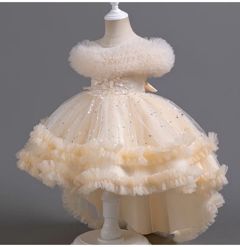 Flower girl wedding party ball tailed Print Dress Girl Birthday party high collar dress girl Dinner Dress - PratSN