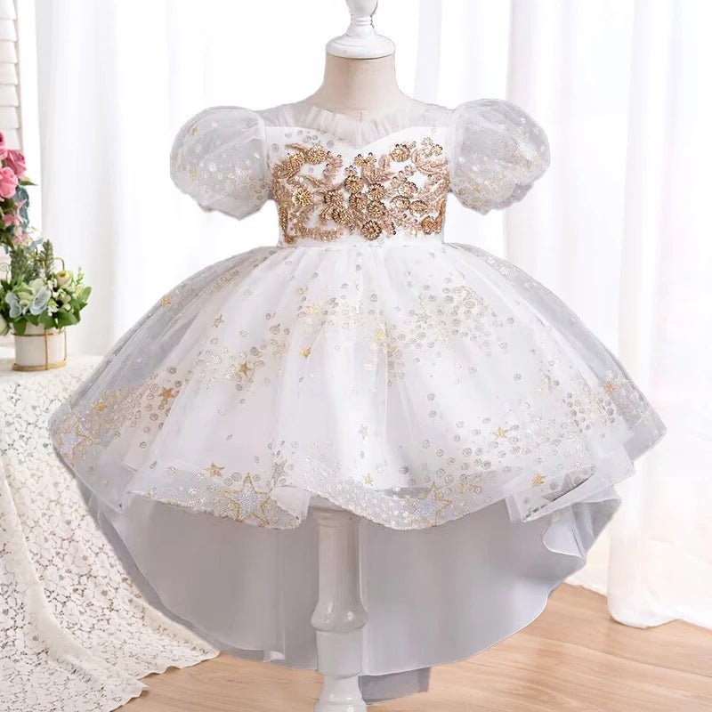 Flower girl wedding party ball tailed Print Dress Girl Birthday party high collar dress girl Dinner Dress - PratSN