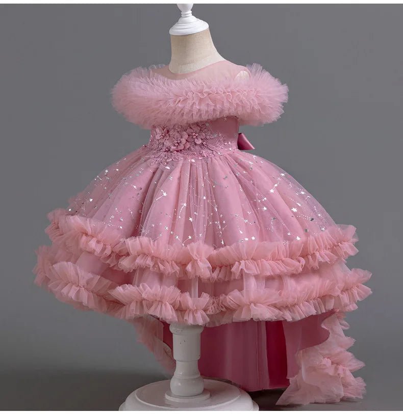 Flower girl wedding party ball tailed Print Dress Girl Birthday party high collar dress girl Dinner Dress - PratSN