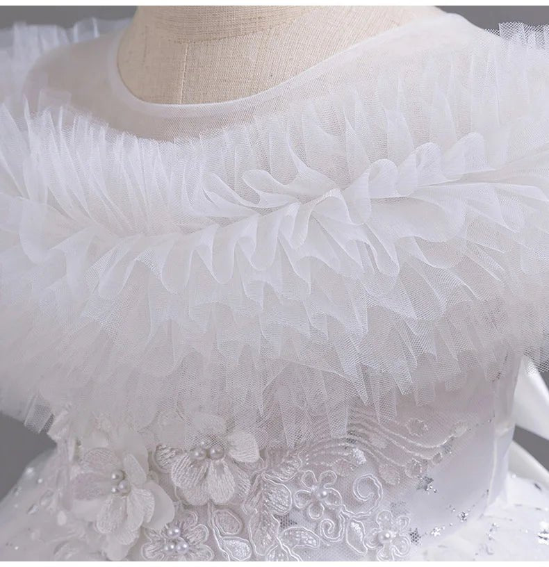 Flower girl wedding party ball tailed Print Dress Girl Birthday party high collar dress girl Dinner Dress - PratSN