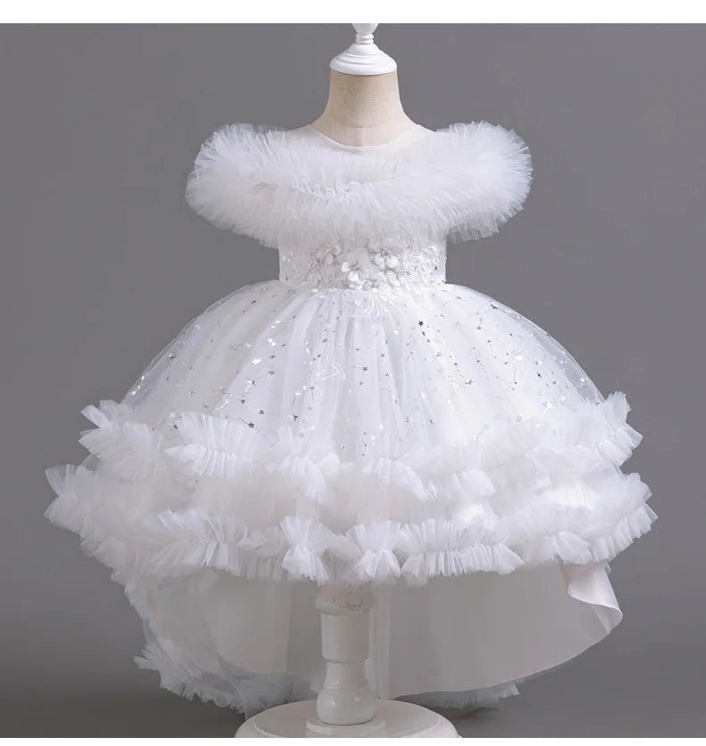Flower girl wedding party ball tailed Print Dress Girl Birthday party high collar dress girl Dinner Dress - PratSN