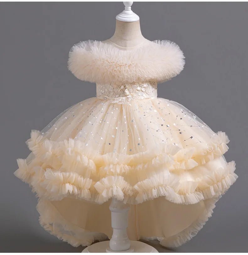 Flower girl wedding party ball tailed Print Dress Girl Birthday party high collar dress girl Dinner Dress - PratSN