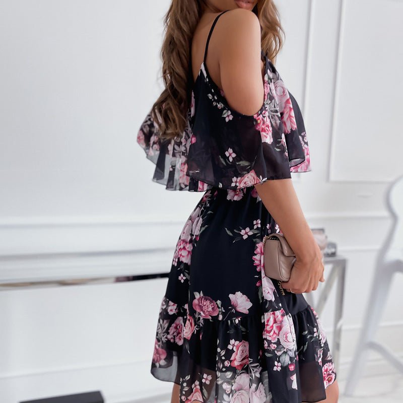 Flower Printed Ruffled Suspender Dress Summer Off - the - shoulder Strap Dresses Women - PratSN