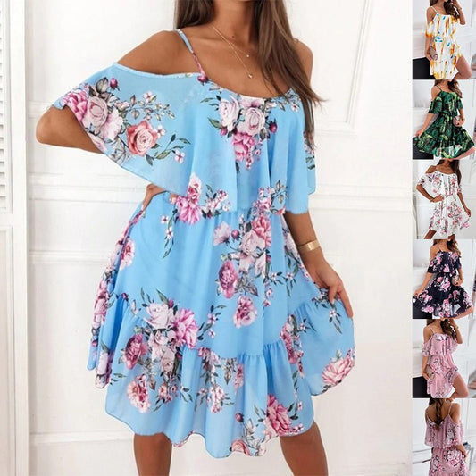 Flower Printed Ruffled Suspender Dress Summer Off - the - shoulder Strap Dresses Women - PratSN