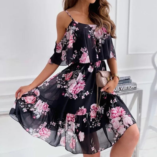 Flower Printed Ruffled Suspender Dress Summer Off - the - shoulder Strap Dresses Women - PratSN