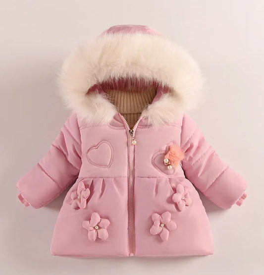 Flowers Autumn Winter Girls Jacket Fur Collar Keep Warm Little Princess Coat Hooded Zipper Baby Outerwear 1 - 5 Years Kids Clothes - PratSN
