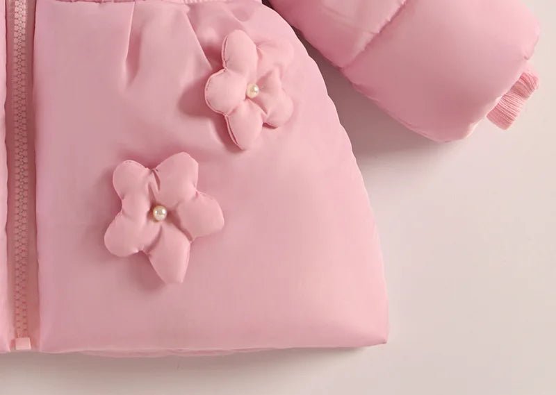 Flowers Autumn Winter Girls Jacket Fur Collar Keep Warm Little Princess Coat Hooded Zipper Baby Outerwear 1 - 5 Years Kids Clothes - PratSN