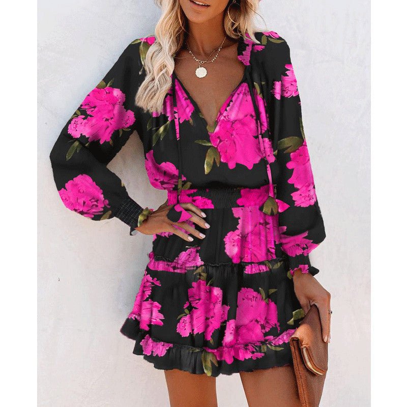 Flowers Print Long Sleeve Dress Fashion Patchwork Puff Sleeve Waist Dresses Womens Clothing - PratSN