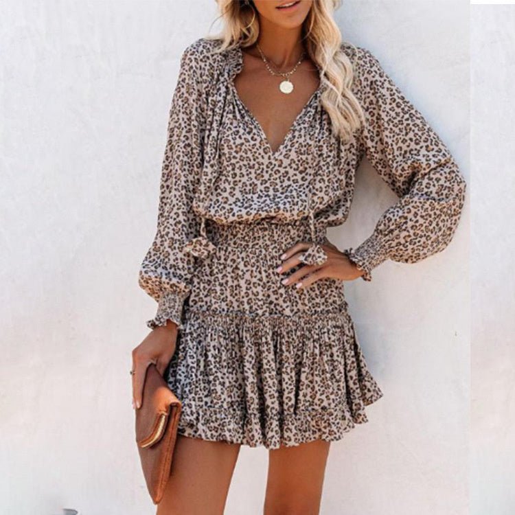 Flowers Print Long Sleeve Dress Fashion Patchwork Puff Sleeve Waist Dresses Womens Clothing - PratSN