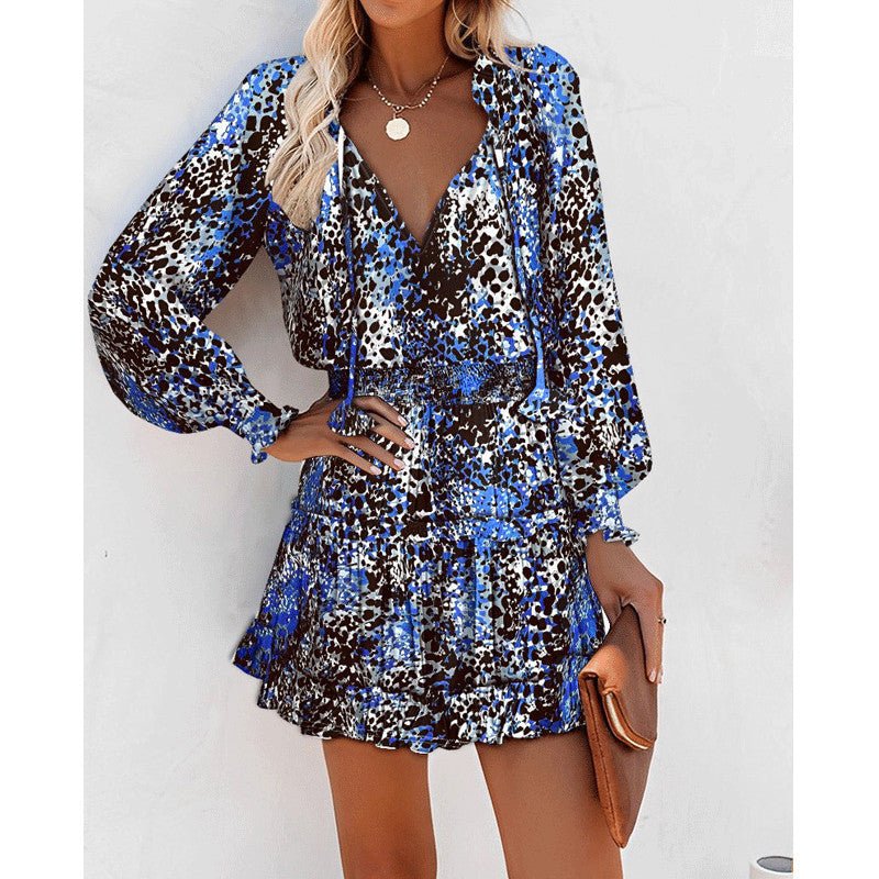 Flowers Print Long Sleeve Dress Fashion Patchwork Puff Sleeve Waist Dresses Womens Clothing - PratSN