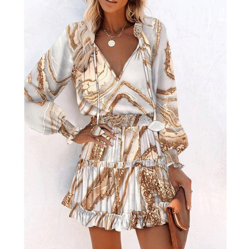 Flowers Print Long Sleeve Dress Fashion Patchwork Puff Sleeve Waist Dresses Womens Clothing - PratSN