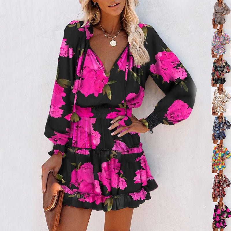 Flowers Print Long Sleeve Dress Fashion Patchwork Puff Sleeve Waist Dresses Womens Clothing - PratSN
