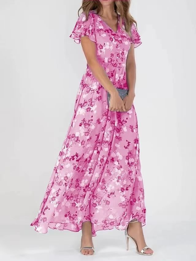 Flowers Print Short Sleeve Dress Summer Fashion Ruffle Beach Dresses Women's Clothing - PratSN