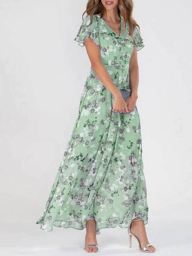 Flowers Print Short Sleeve Dress Summer Fashion Ruffle Beach Dresses Women's Clothing - PratSN