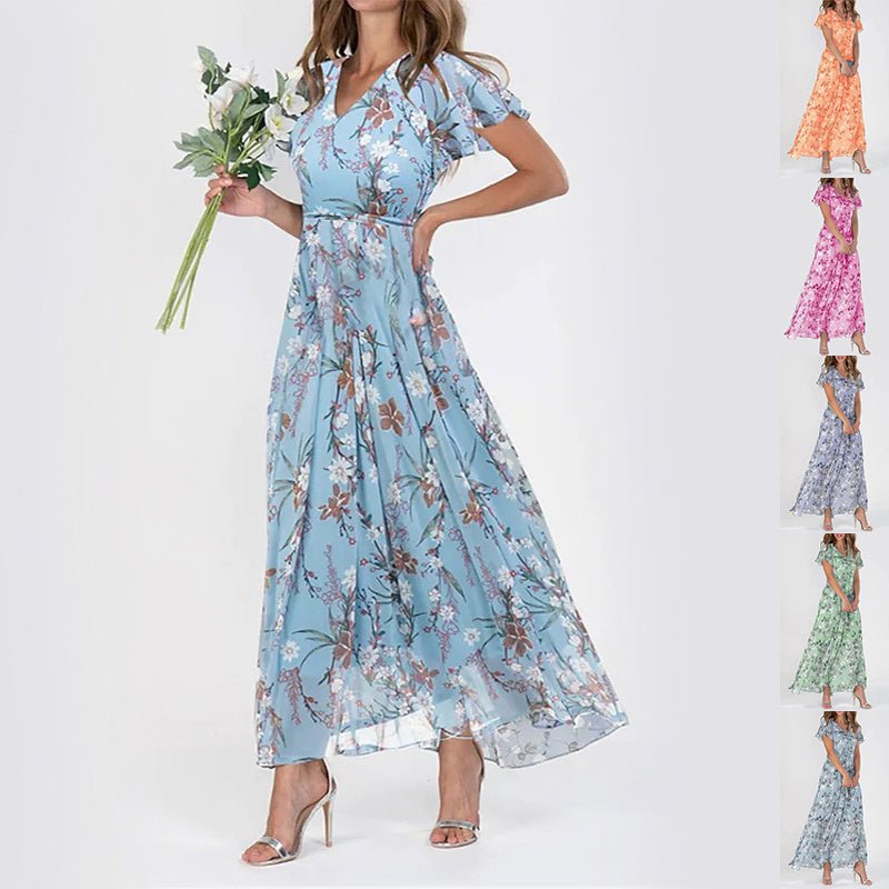 Flowers Print Short Sleeve Dress Summer Fashion Ruffle Beach Dresses Women's Clothing - PratSN