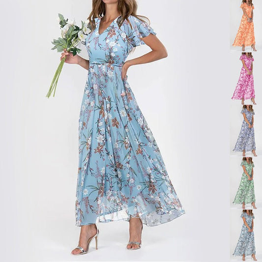 Flowers Print Short Sleeve Dress Summer Fashion Ruffle Beach Dresses Women's Clothing - PratSN
