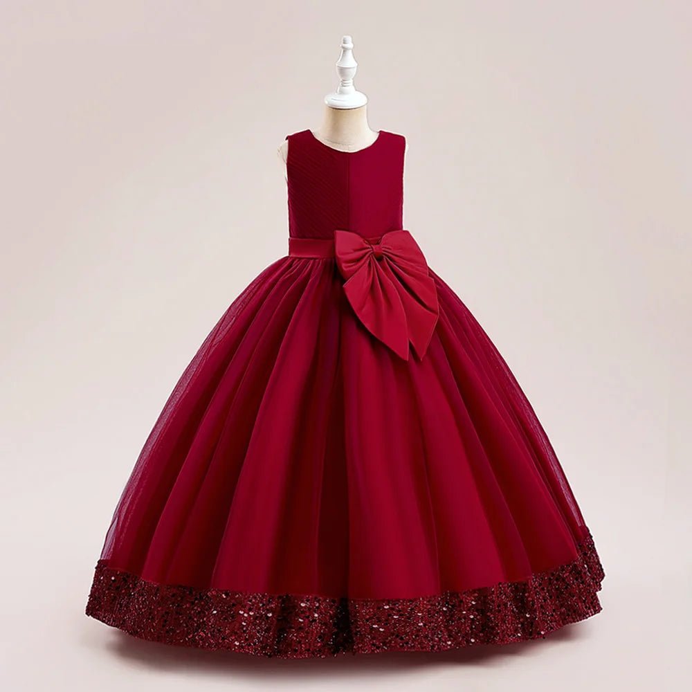 Fluffy Sequin Bridemaid Princess Girls Dress Elegant Big Bow Pink Wedding Prom Evening Kids Party Dresses for Girl Birthday Gown - PratSN