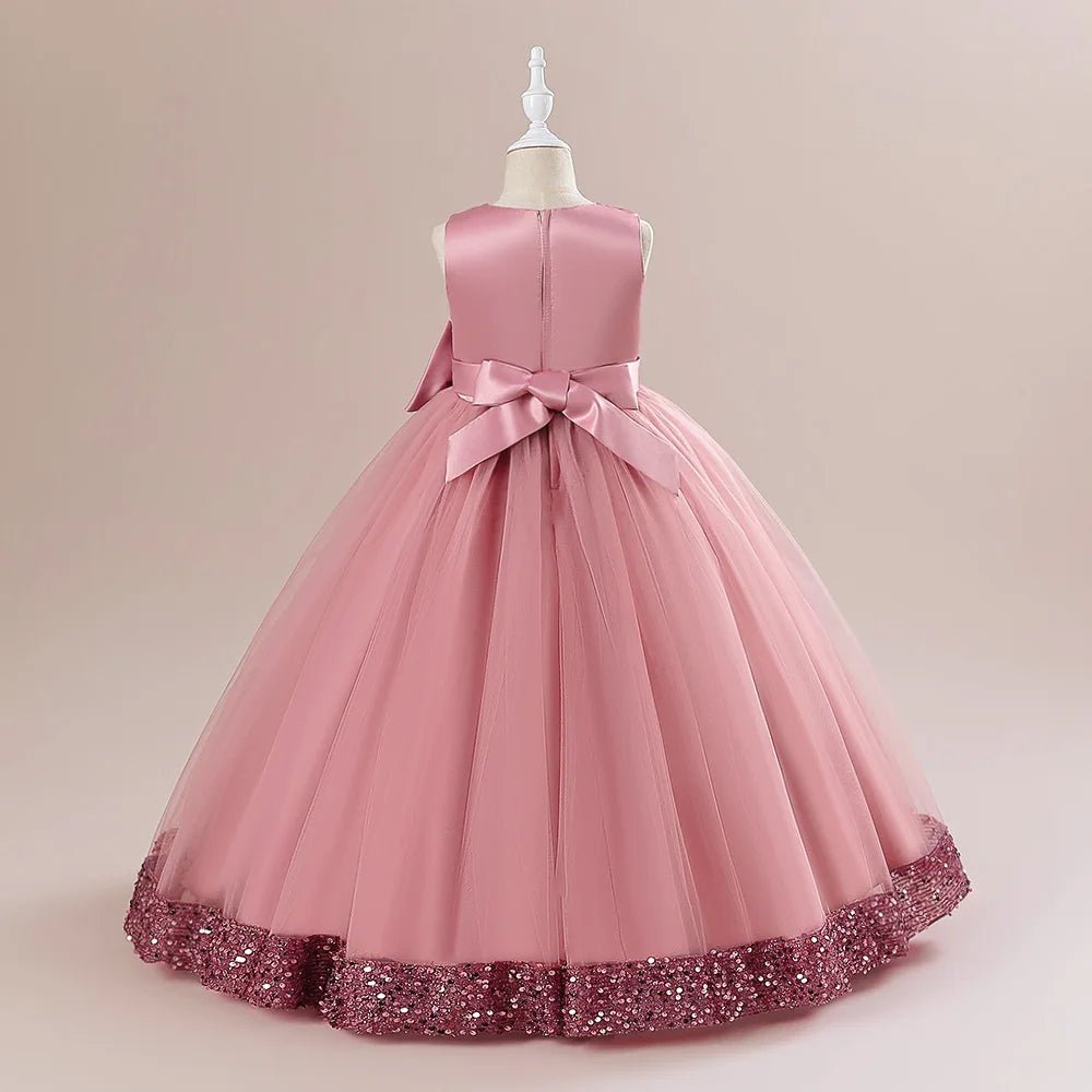 Fluffy Sequin Bridemaid Princess Girls Dress Elegant Big Bow Pink Wedding Prom Evening Kids Party Dresses for Girl Birthday Gown - PratSN