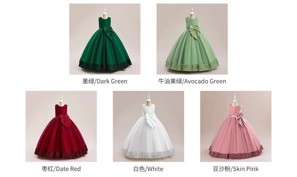 Fluffy Sequin Bridemaid Princess Girls Dress Elegant Big Bow Pink Wedding Prom Evening Kids Party Dresses for Girl Birthday Gown - PratSN