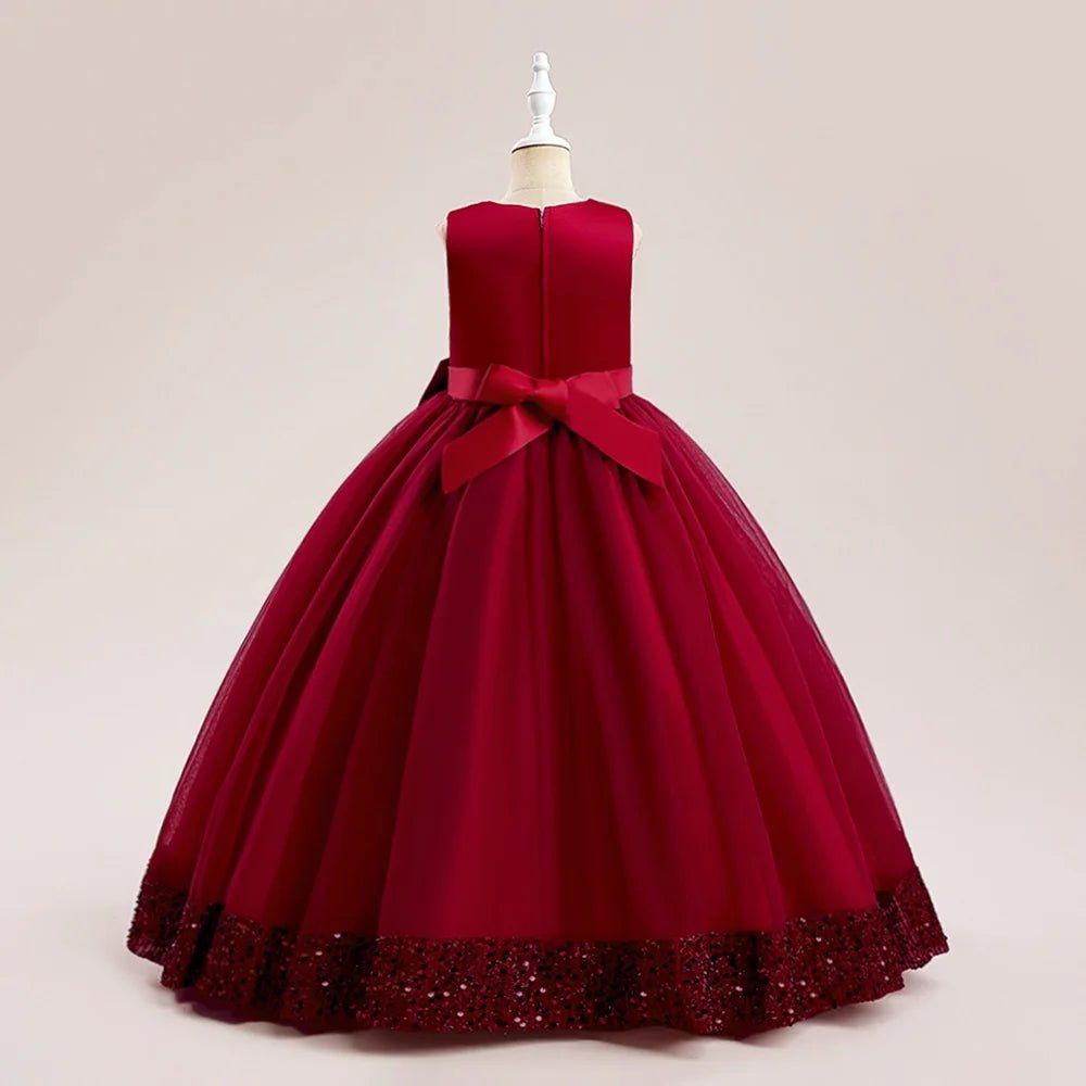 Fluffy Sequin Bridemaid Princess Girls Dress Elegant Big Bow Pink Wedding Prom Evening Kids Party Dresses for Girl Birthday Gown - PratSN