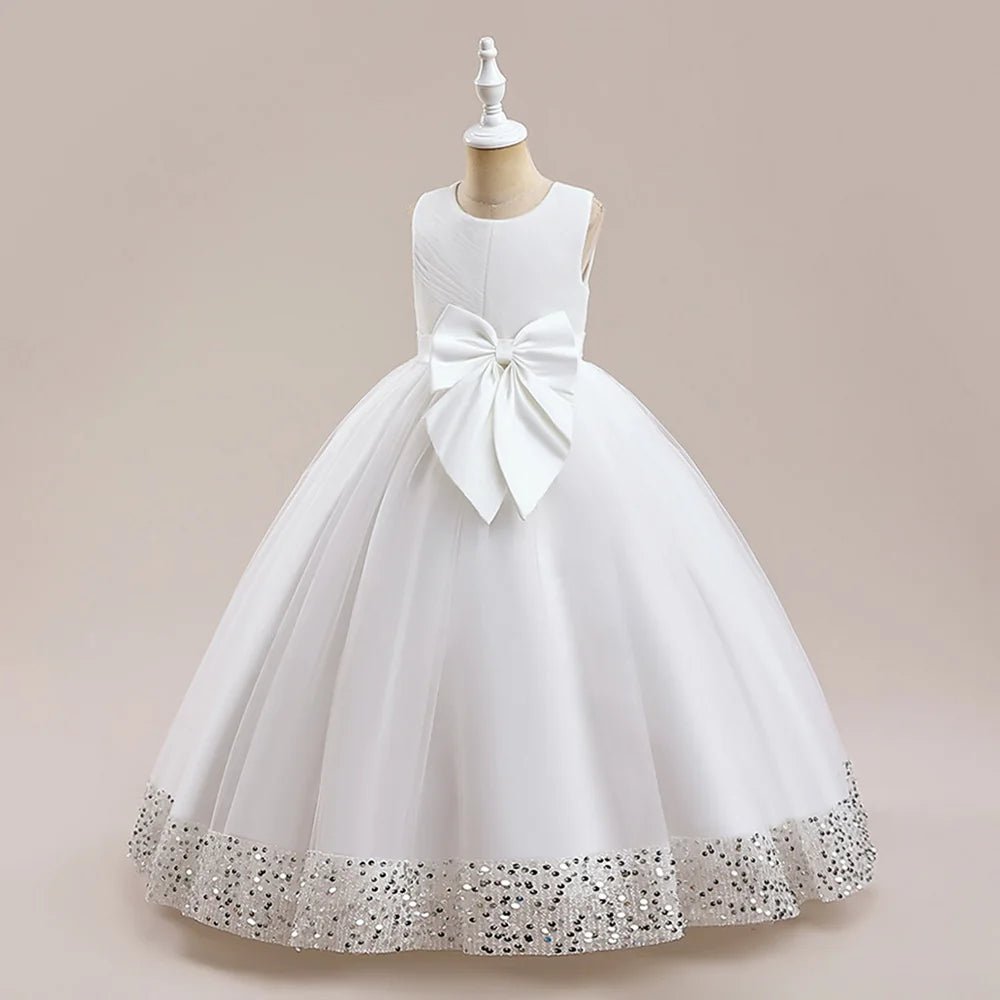 Fluffy Sequin Bridemaid Princess Girls Dress Elegant Big Bow Pink Wedding Prom Evening Kids Party Dresses for Girl Birthday Gown - PratSN
