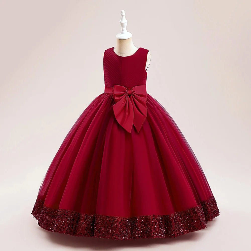 Fluffy Sequin Bridemaid Princess Girls Dress Elegant Big Bow Pink Wedding Prom Evening Kids Party Dresses for Girl Birthday Gown - PratSN