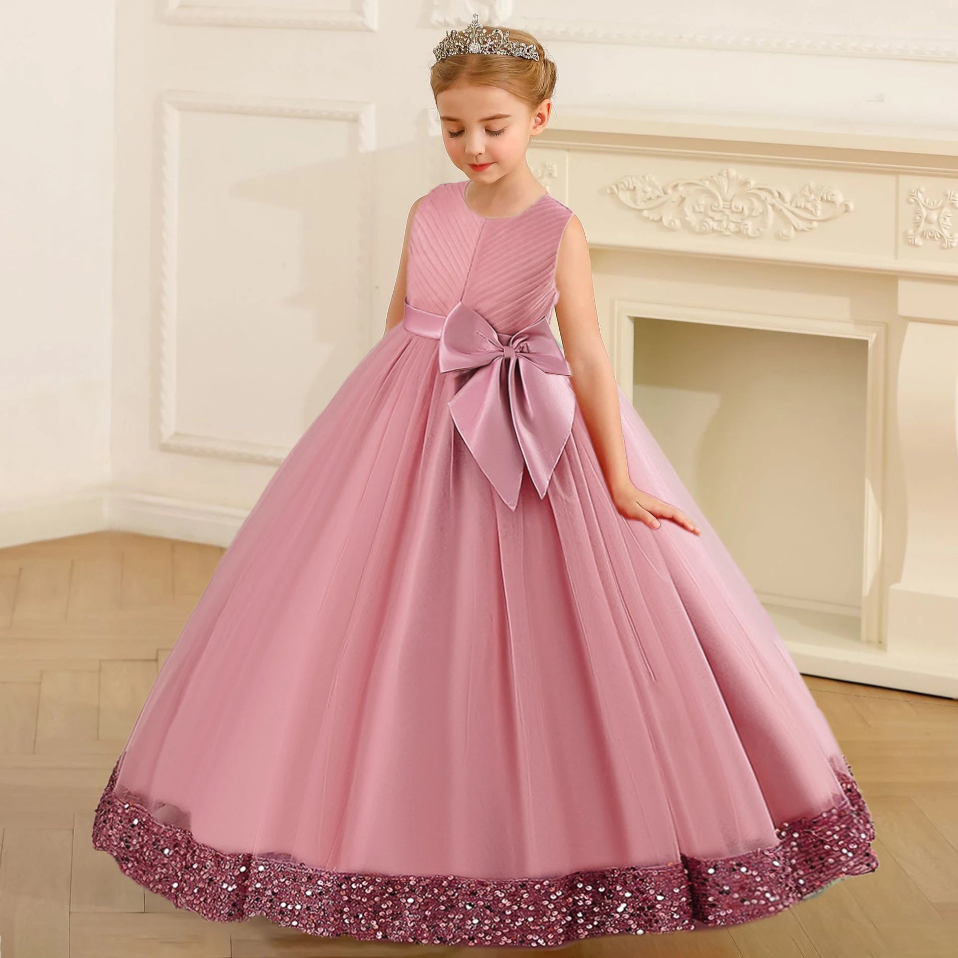 Fluffy Sequin Bridemaid Princess Girls Dress Elegant Big Bow Pink Wedding Prom Evening Kids Party Dresses for Girl Birthday Gown - PratSN