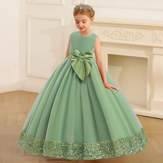 Fluffy Sequin Bridemaid Princess Girls Dress Elegant Big Bow Pink Wedding Prom Evening Kids Party Dresses for Girl Birthday Gown - PratSN