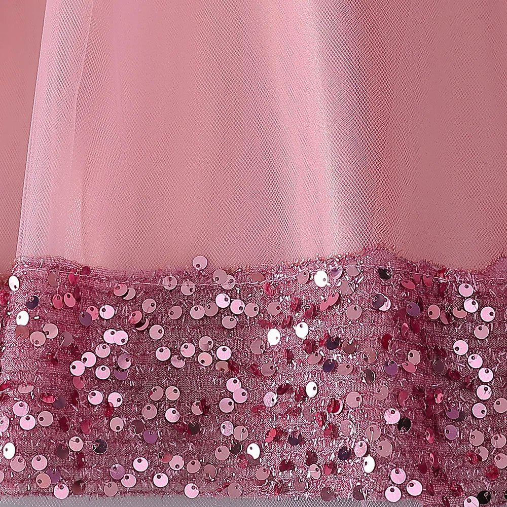 Fluffy Sequin Bridemaid Princess Girls Dress Elegant Big Bow Pink Wedding Prom Evening Kids Party Dresses for Girl Birthday Gown - PratSN