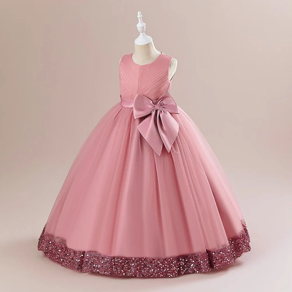 Fluffy Sequin Bridemaid Princess Girls Dress Elegant Big Bow Pink Wedding Prom Evening Kids Party Dresses for Girl Birthday Gown - PratSN