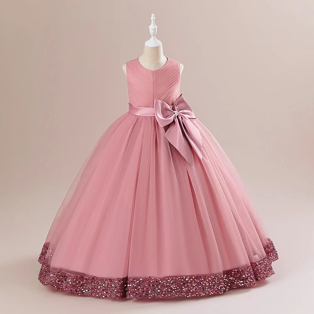 Fluffy Sequin Bridemaid Princess Girls Dress Elegant Big Bow Pink Wedding Prom Evening Kids Party Dresses for Girl Birthday Gown - PratSN