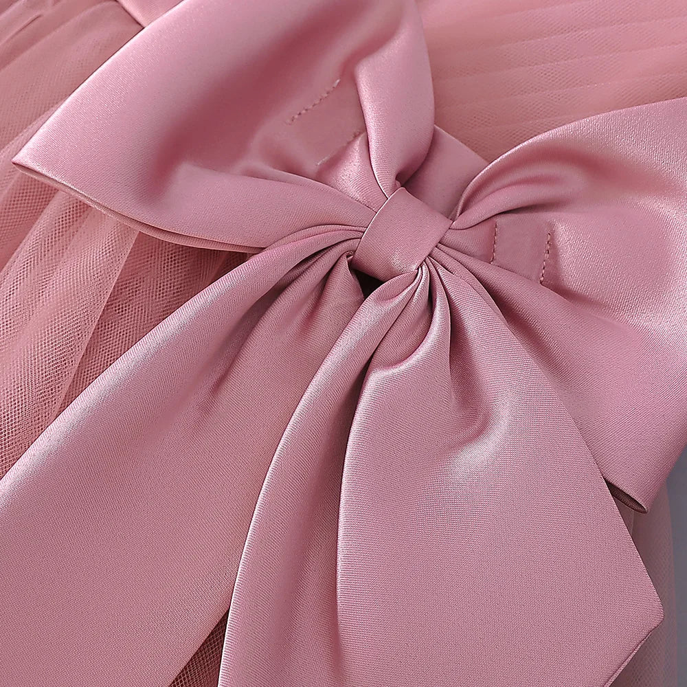 Fluffy Sequin Bridemaid Princess Girls Dress Elegant Big Bow Pink Wedding Prom Evening Kids Party Dresses for Girl Birthday Gown - PratSN