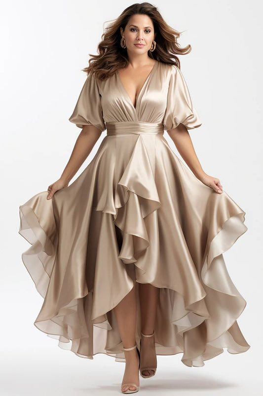 Flycurvy Plus Size Wedding Guest Champagne Satin Puff Sleeve High Low Hem Maxi Dress - PratSN
