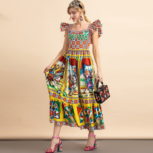 Flying Sleeve Warrior Print Cotton Dress - PratSN