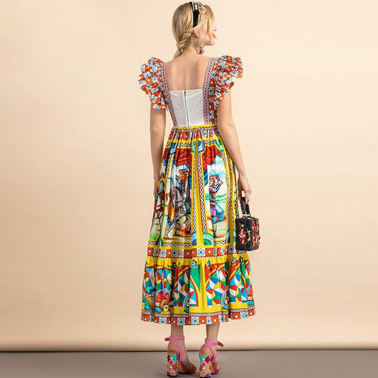 Flying Sleeve Warrior Print Cotton Dress - PratSN