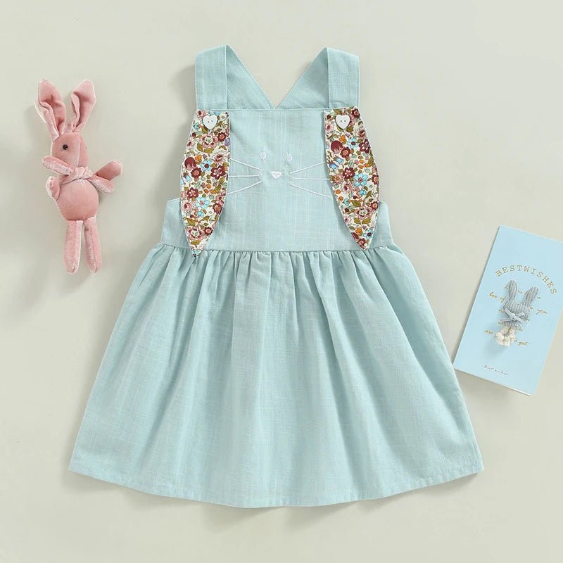 FOCUSNORM 3 Colors Lovely Toddler Girls Easter Dress 0 - 4Y Rabbit Floral Printed Ear Sleeveless Knee Length A - Line Dress - PratSN