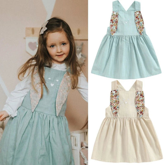 FOCUSNORM 3 Colors Lovely Toddler Girls Easter Dress 0 - 4Y Rabbit Floral Printed Ear Sleeveless Knee Length A - Line Dress - PratSN