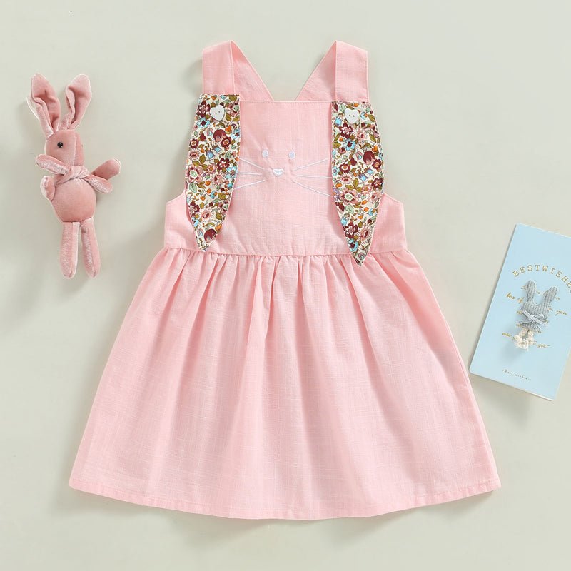 FOCUSNORM 3 Colors Lovely Toddler Girls Easter Dress 0 - 4Y Rabbit Floral Printed Ear Sleeveless Knee Length A - Line Dress - PratSN