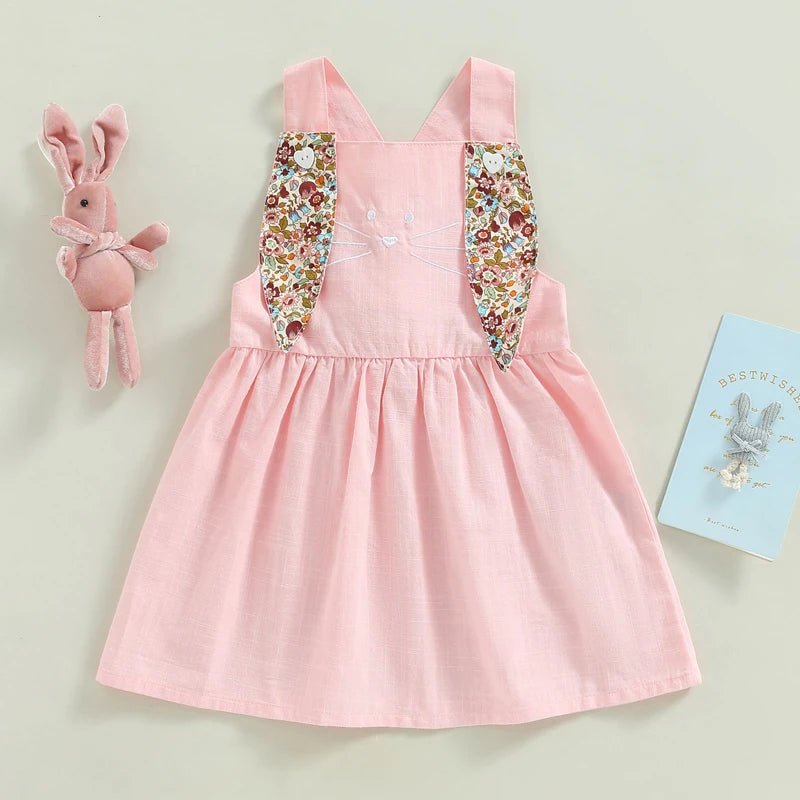 FOCUSNORM 3 Colors Lovely Toddler Girls Easter Dress 0 - 4Y Rabbit Floral Printed Ear Sleeveless Knee Length A - Line Dress - PratSN