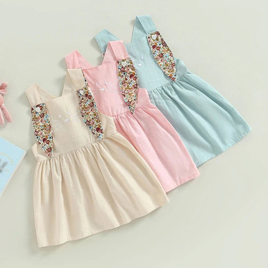 FOCUSNORM 3 Colors Lovely Toddler Girls Easter Dress 0 - 4Y Rabbit Floral Printed Ear Sleeveless Knee Length A - Line Dress - PratSN