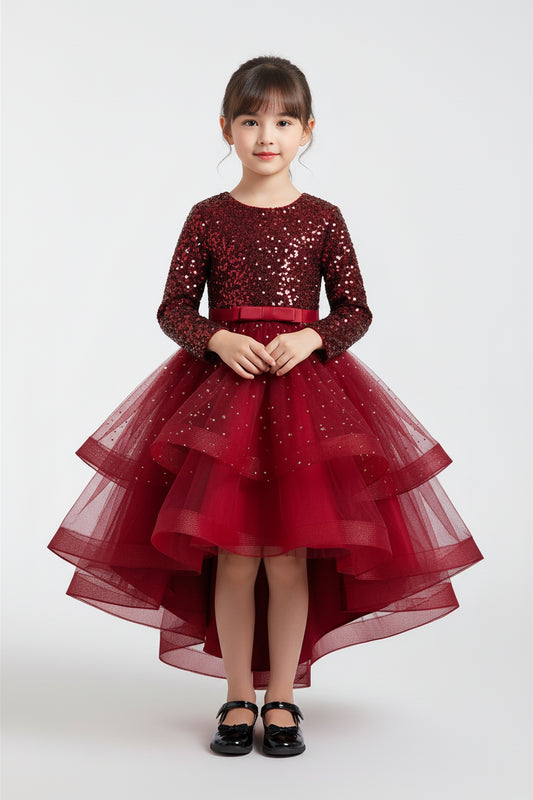 Formal Bridesmaid Long Sleeve Red Trailing Party Dress for Girls Princess Birthday Sequin Prom Gown Children Evening Kids - PratSN