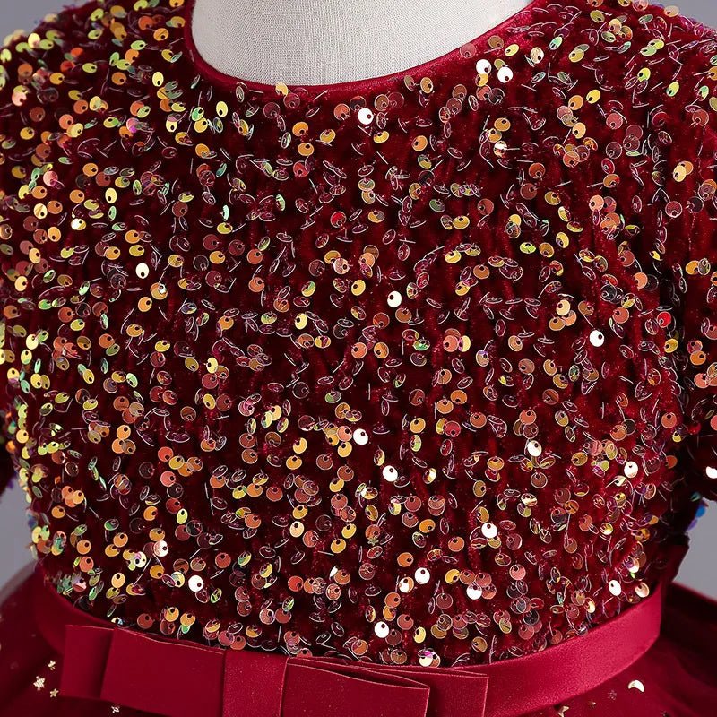 Formal Bridesmaid Long Sleeve Red Trailing Party Dress for Girls Princess Birthday Sequin Prom Gown Children Evening Kids - PratSN