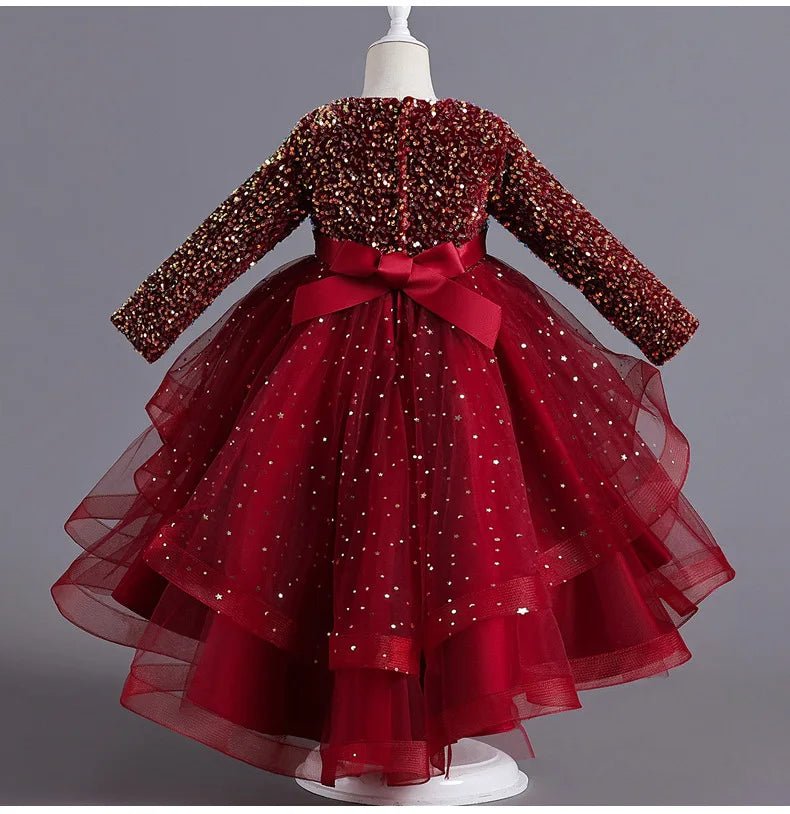 Formal Bridesmaid Long Sleeve Red Trailing Party Dress for Girls Princess Birthday Sequin Prom Gown Children Evening Kids - PratSN