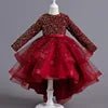 Formal Bridesmaid Long Sleeve Red Trailing Party Dress for Girls Princess Birthday Sequin Prom Gown Children Evening Kids - PratSN