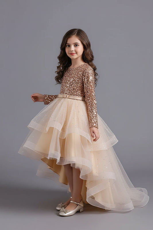 Formal Bridesmaid Long Sleeve Red Trailing Party Dress for Girls Princess Birthday Sequin Prom Gown Children Evening Kids - PratSN