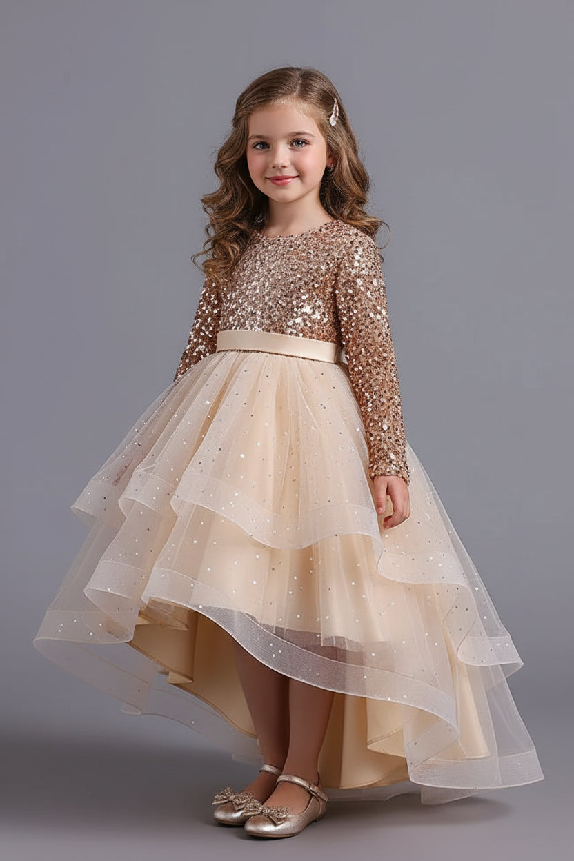 Formal Bridesmaid Long Sleeve Red Trailing Party Dress for Girls Princess Birthday Sequin Prom Gown Children Evening Kids - PratSN