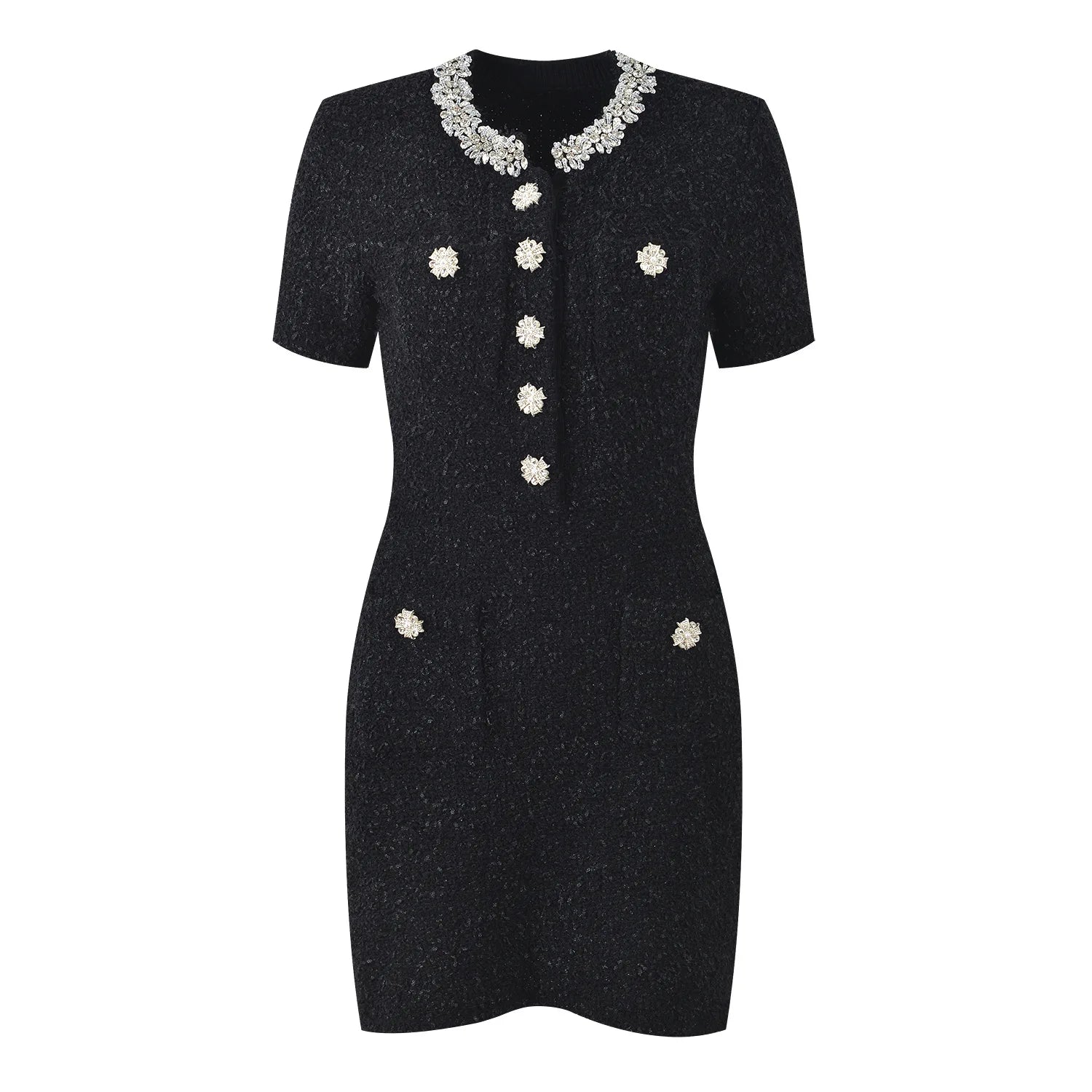 French Style Luxury Rhinestone O - neck 2025 Lady Short Sleeve Wear Women Slim Fitted Knit Mini Dress - PratSN