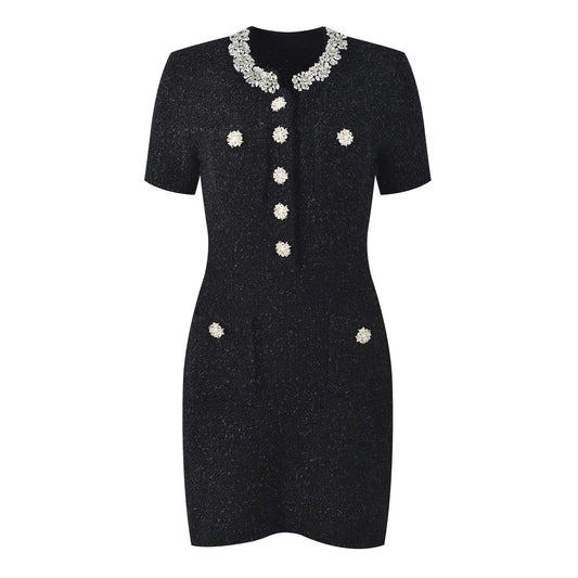 French Style Luxury Rhinestone O - neck 2025 Lady Short Sleeve Wear Women Slim Fitted Knit Mini Dress - PratSN